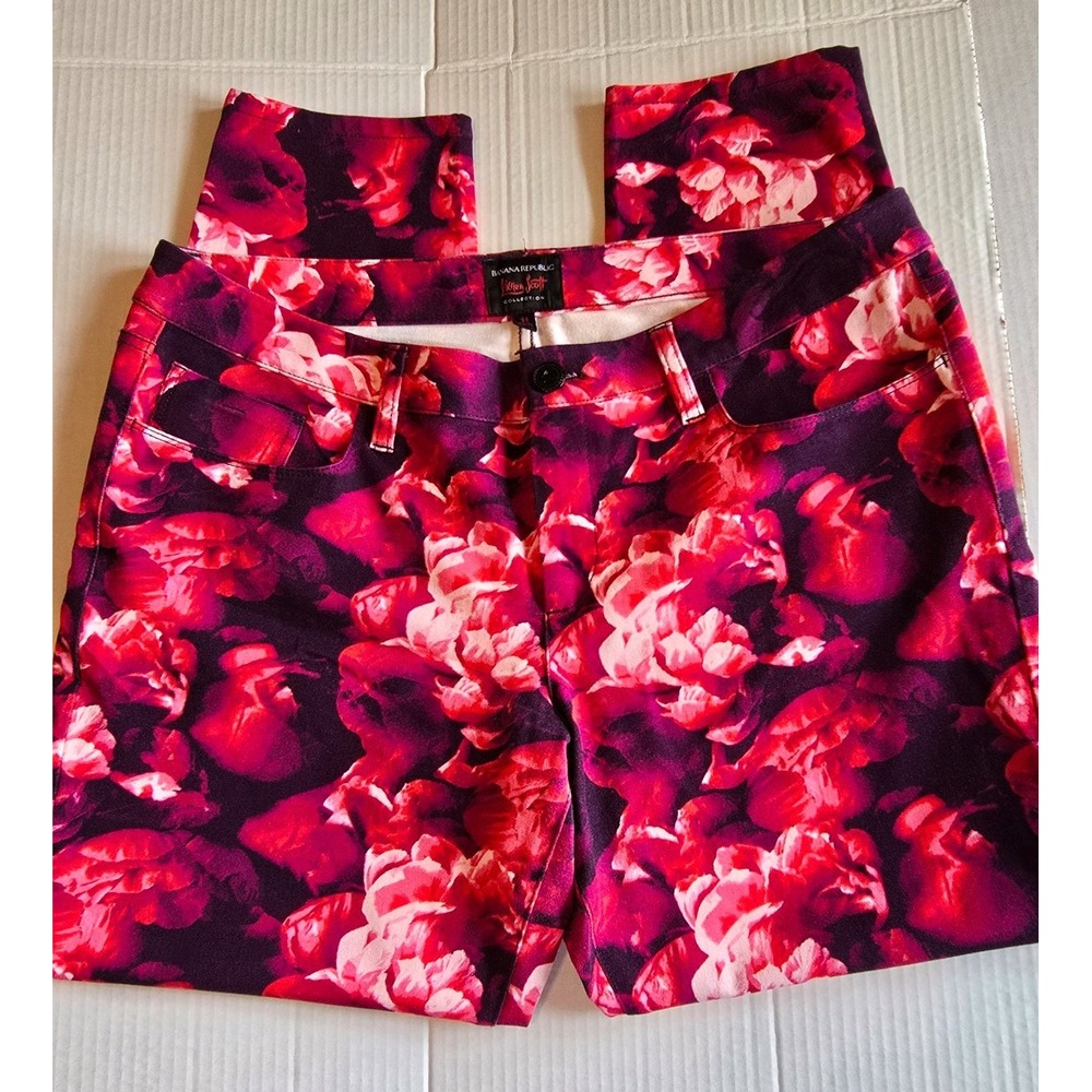 Banana Republic L'Wren Scott Peony Print Skinny Ankle Pant Red Pink Floral 14